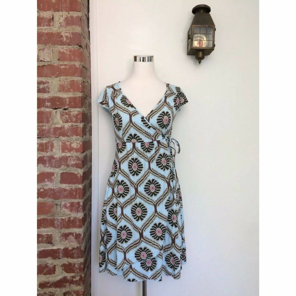 Fresh Produce Cafe Wrap Dress Blue Fiji Print Cap Sleeves Ikat Womens Size XS